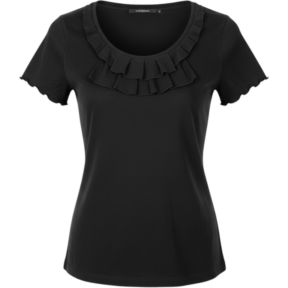 Club Monaco Black Ruffle Scoop Neck Short Sleeve Top XS Pleated Preppy Chic